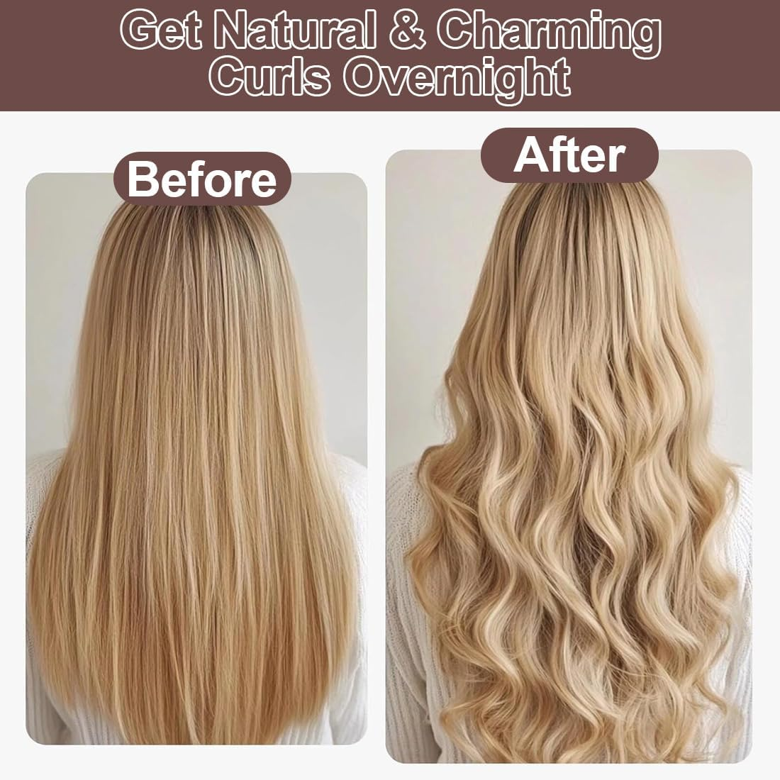 KIRZAX Heatless Curls Band, Pack of 4 Overnight Overnight Blowout, Heat Free, DIY Overnight Curls Rubber, Curls Overnight with Hooks, for Medium Long Hair (Brown) image number 1