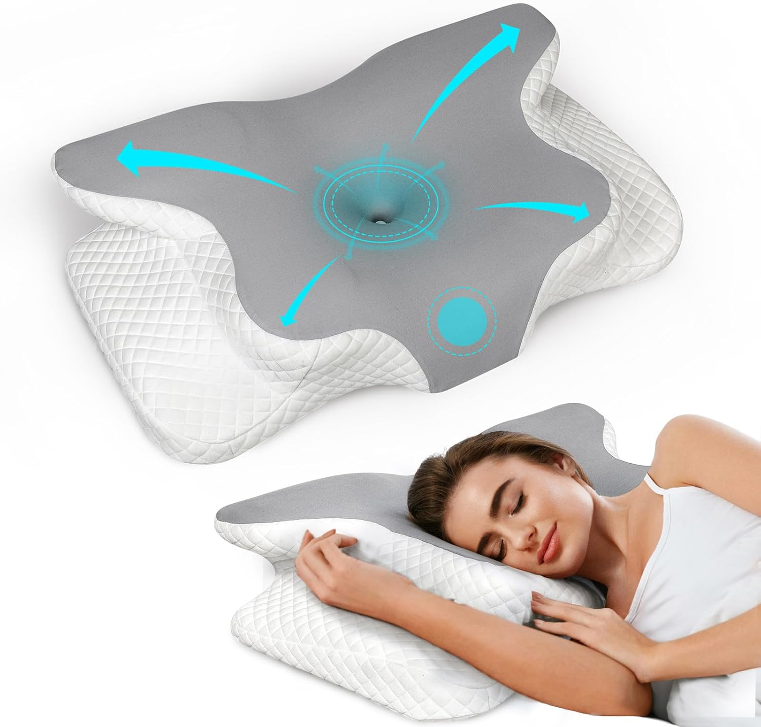 Dreamz Memory Foam Pillow Neck Shoulder Arm Support Cervical Pain Ergonomic Side, Stomach & Back Sleeper Sleeping Bedding, Two Different Height, Removable Pillow Case Comfortable