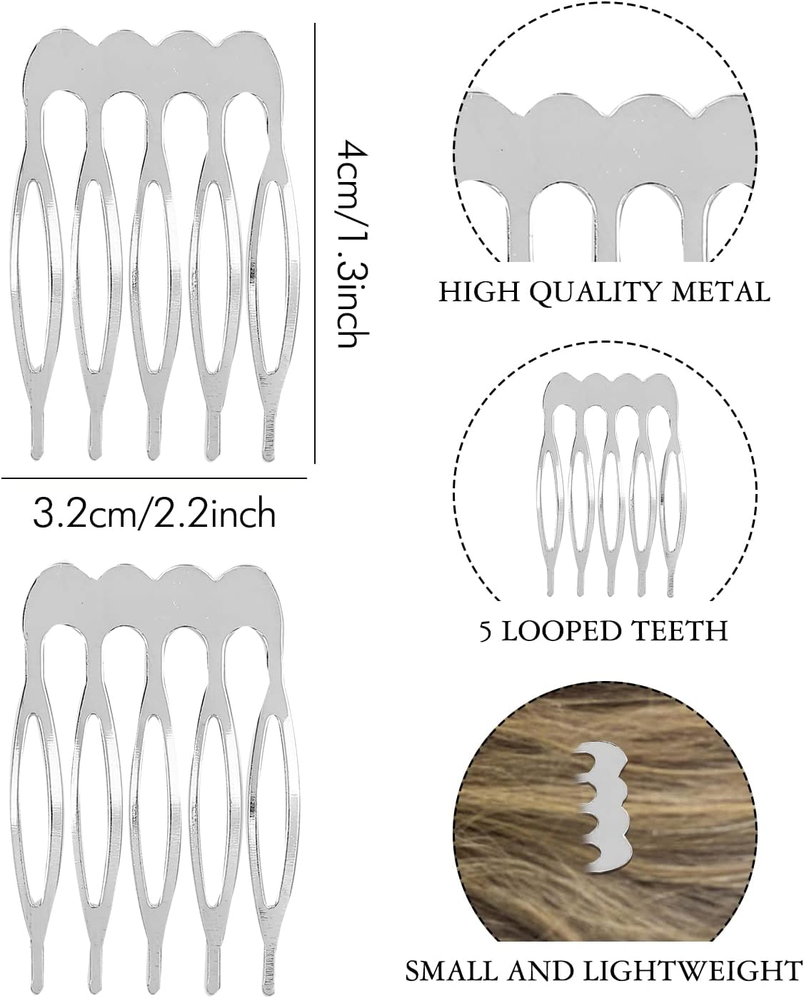 Pack of 20 Bulk 5 10 Teeth Silver Metal Side Hair Combs Plain Blank Craft DIY Wire Sliding Combs Wedding Bridal Veil Combs Decorative Headwear French Twist Updo Clips image number 4