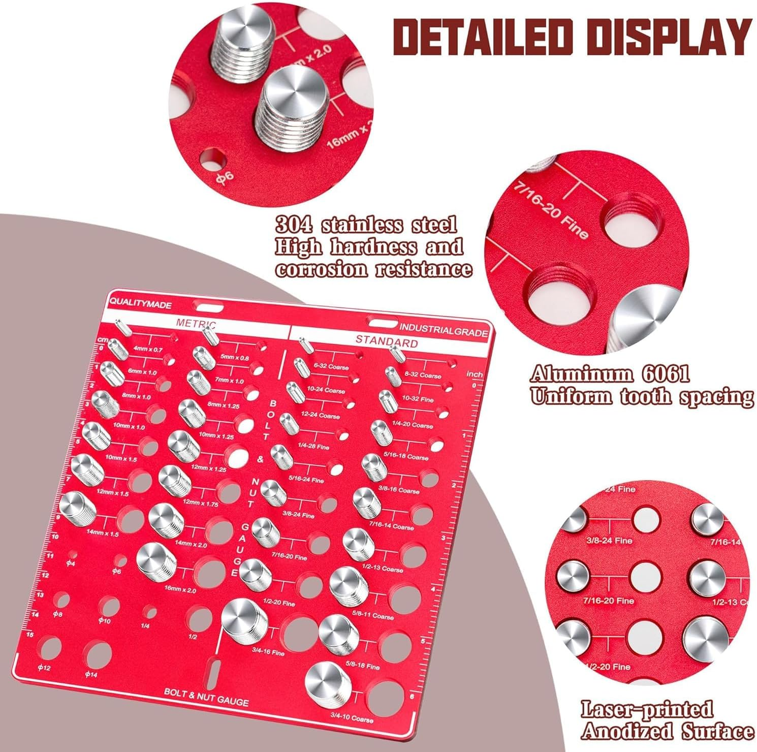 34 Nut and Bolt Thread Checker, Bolt and Nut Identifier Gauge Thread Checker Standard and Metric Board Wall Mount Screw Size and Thread Gauge Square image number 5