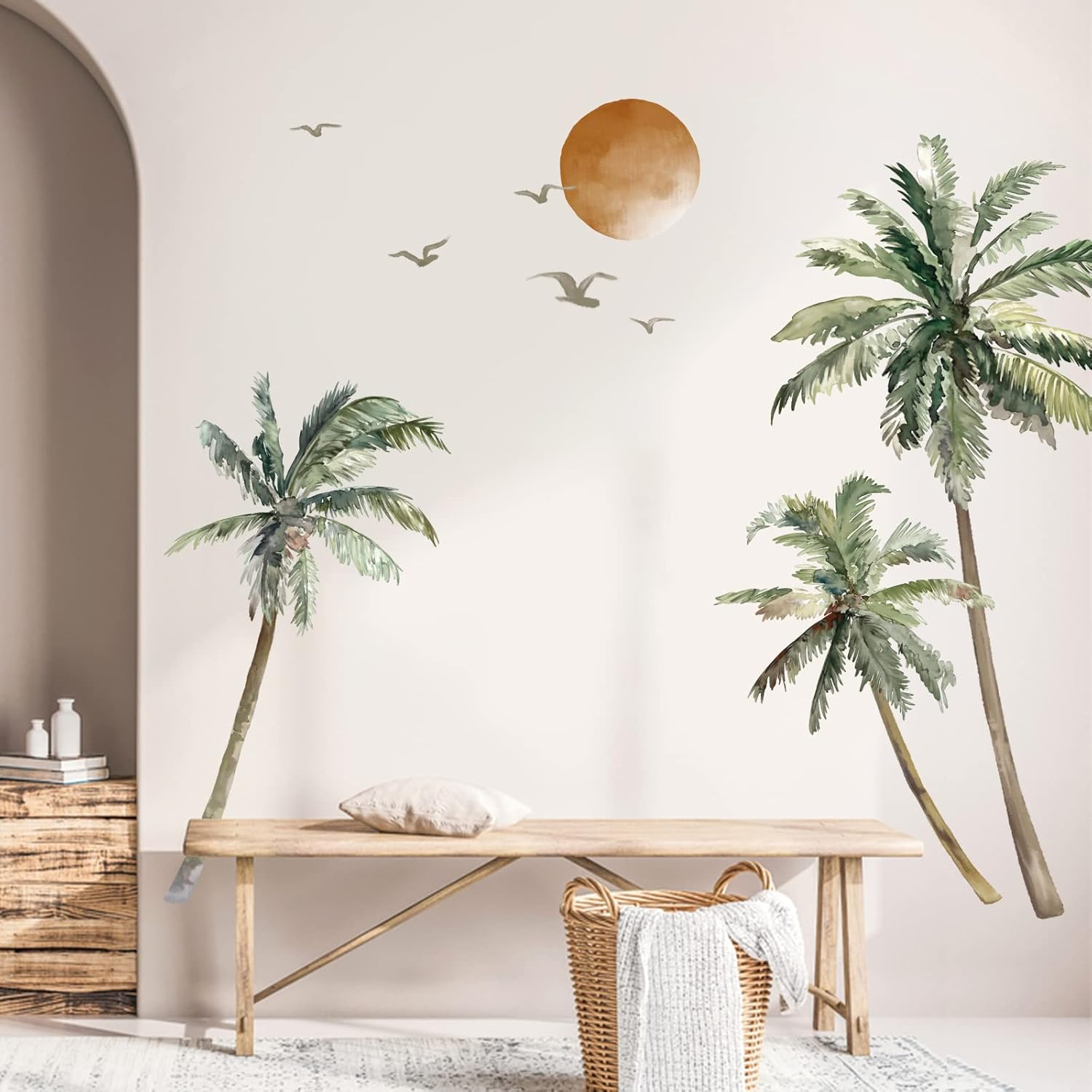 Wondever Boho Palm Tree Wall Stickers Large Tropical Sunset Peel and Stick Art Decals for Living Room Bedroom TV Background (H: 63.8 Inch) (WD-232-0148A) - B image number 2