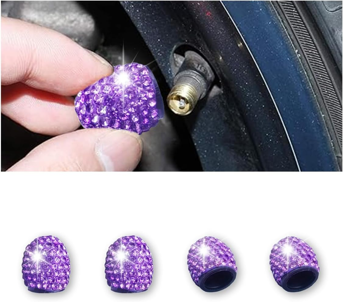 4Pack Car Crystal Rhinestone Tire Valve Caps, Handmade Car Tire Valve Stem Caps, Attractive Dustproof Bling Car Accessories, Universal for Cars, Suvs, Bike, Trucks, Motorcycles (Purple)