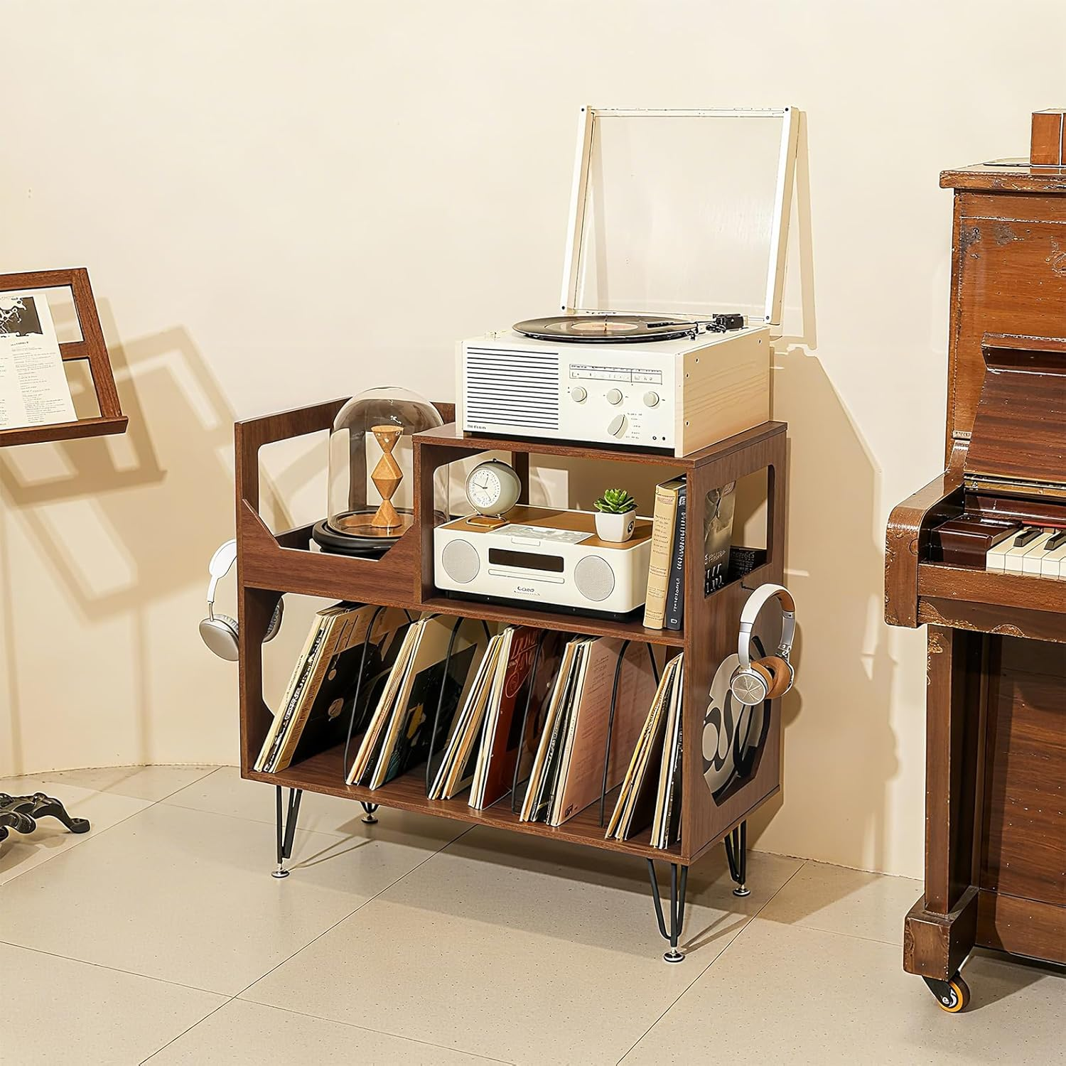 Large Record Player Stand, Vinyl Record with Storage, 2 Tier Record Player Cabinet for up to 370 Albums Turntable Stand with Vinyl Display Area and Metal Legs for Music Room Living Room - Walnut Brown image number 4