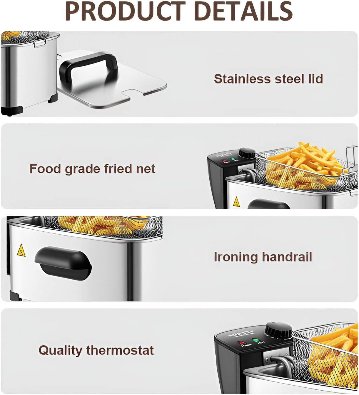 Electric Deep Fryer 3.5L Capacity 2000W Stainless Steel Exterior Fryer Adjustable Temperature & Indicator Lights with Removable Basket, Detachable Lid & Handle Easy Clean