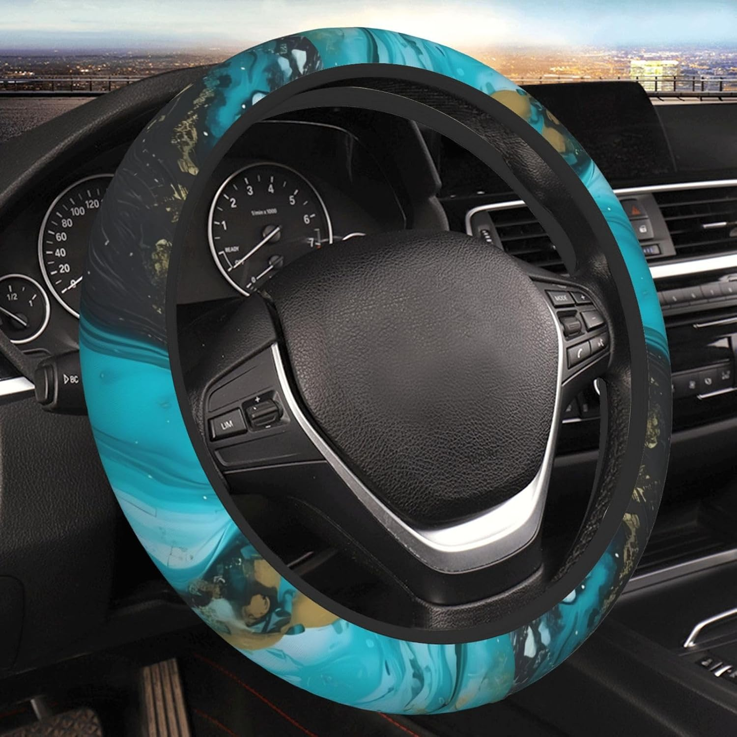 Turquoise Blue Gold Marble Print Steering Wheel Cover Non-Slip Car Steering Wheel Covers Neoprene Elastic Car Steering Wheel Protector Cover Universal 38 CM for Car Accessories image number 4