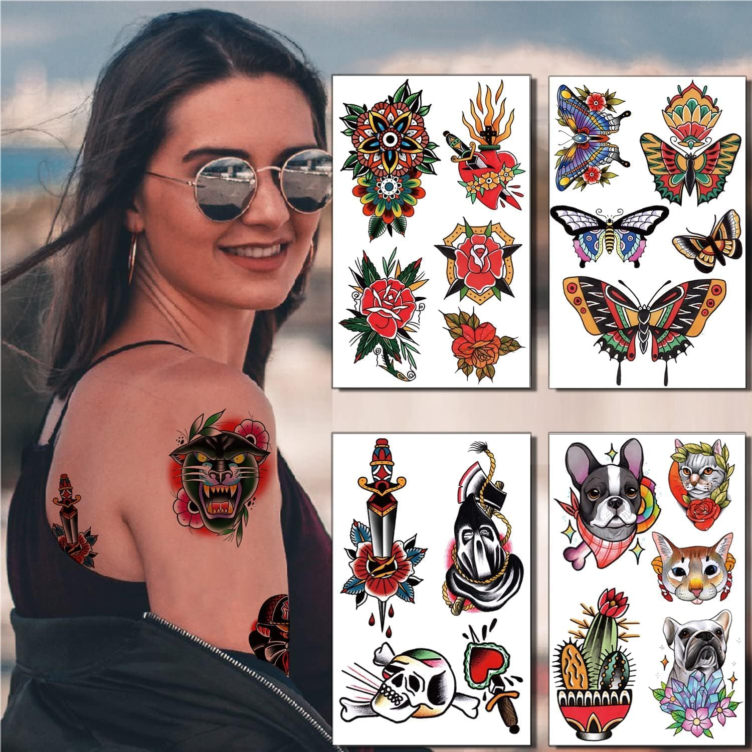 Temporary Classic Tattoos Adult Kids Old School Skull Tiger Sword Cat Eagle Snake Lotus Flower Butterfly Half Arm Realistic Fake Tattoos Sticker for Women Men 8 Sheets image number 6