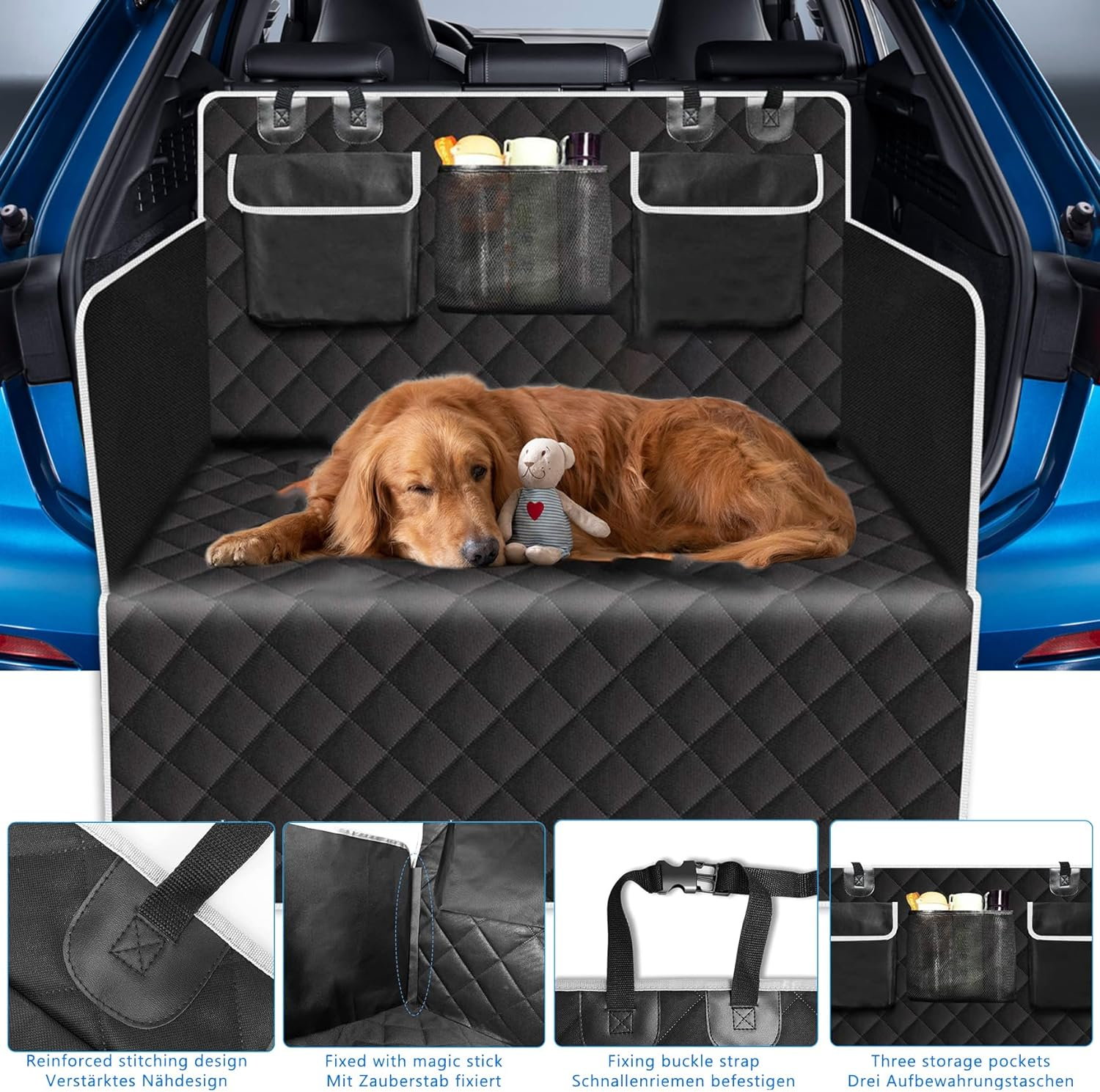 Dog Car Seat Protector for Back Seat, Car Boot Liners for Dogs，With 3 Organizer Pockets and Side Flaps. Dog Car Seat Covers, Non-Slip, Waterproof, Large Size for All Cars, Trucks and Suvs image number 1