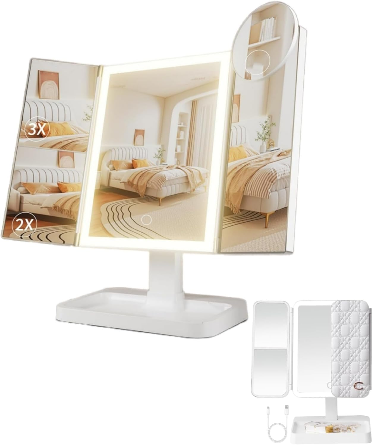 Makeup Vanity Mirror with Lights, Rechargeable Lighted Makeup Mirror with 2X 3X Magnification, Portable Led Leather Pattern Advanced Makeup Mirror with 3 Colors Lights, for Women Girls (White) image number 2