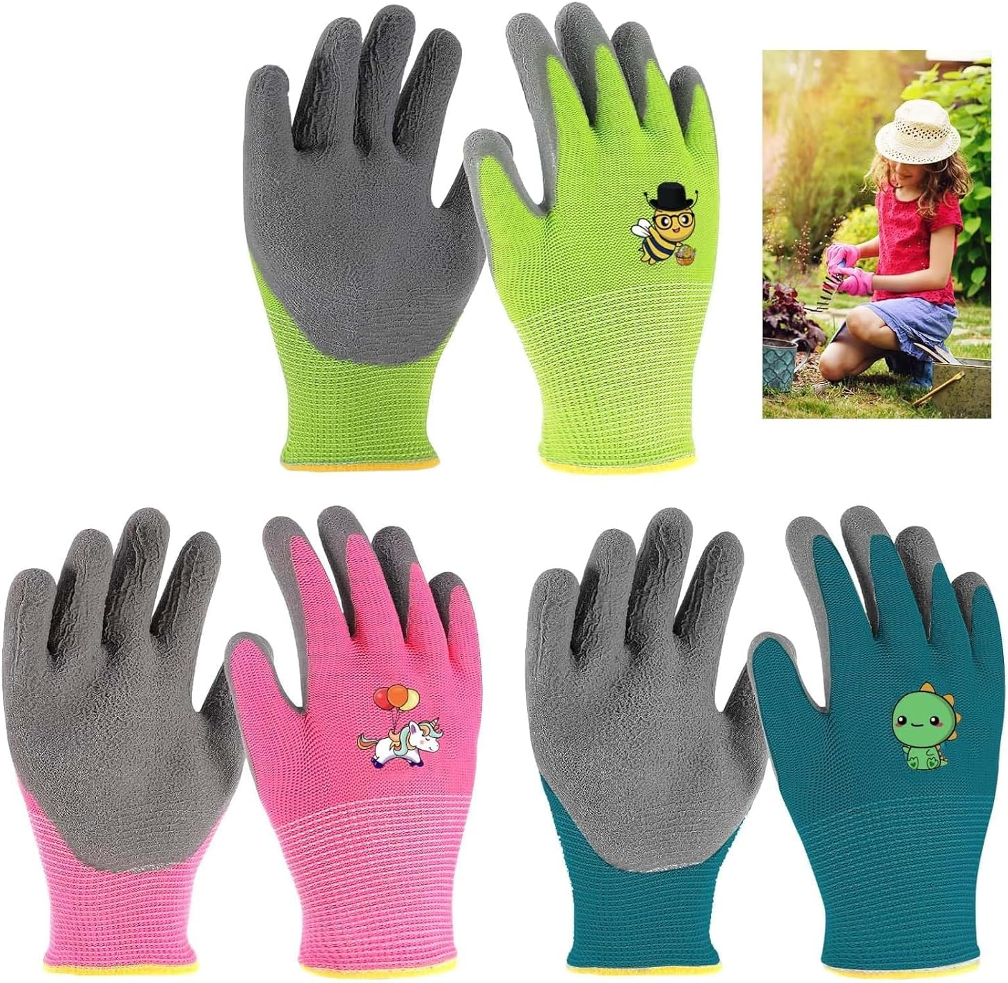 Eukyplace Kids Gardening Gloves (3 Pairs), Work Gloves Made of Latex, Non-Slip Gardening Gloves, Suitable for Children Aged 3-9, for Beach Blay, Picking Fruits and Vegetables(Cyan+Pink+Green)