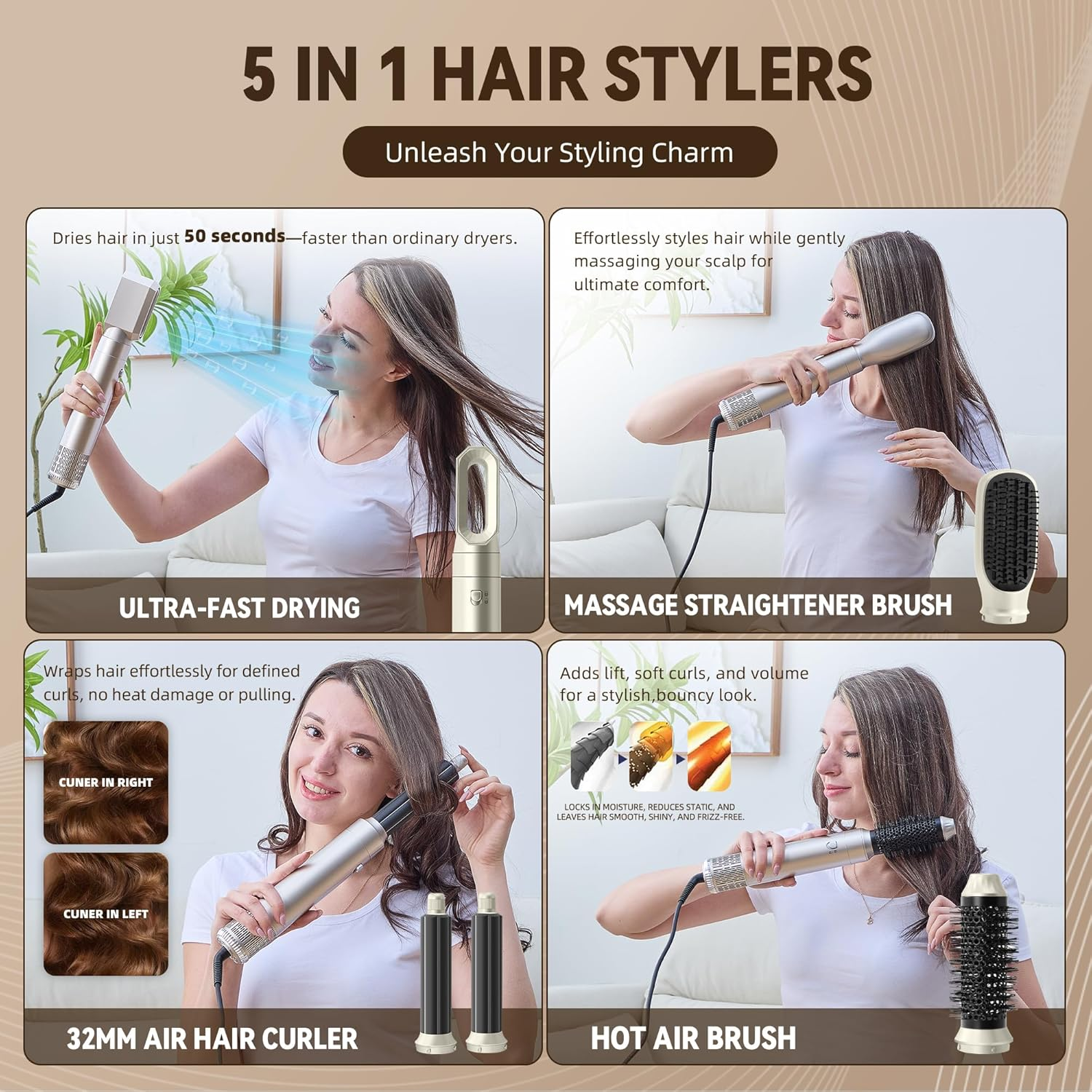 5-In-1 Hair Dryer Brush | 35M/S High-Speed Airflow for Fast Drying | 3 Heat Settings | 85Db Low-Noise Design | Negative Ion Technology for Smooth & Frizz-Free Hair | Curling, Straightening & Volumizing Styler image number 3