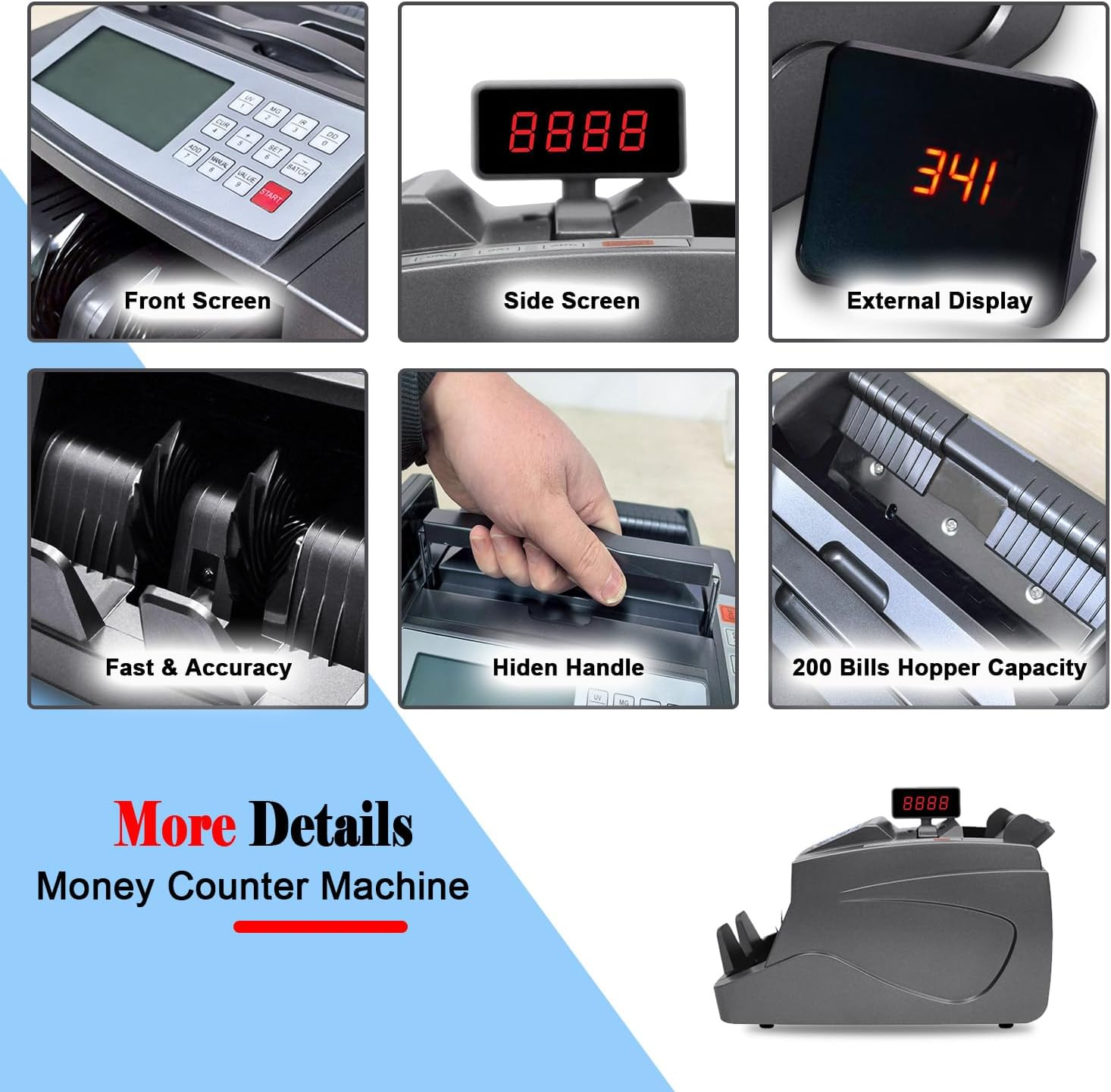 Money Counter Australian Note Bill Counting Machine AUD Cash Counter with Value Count, Add/Batch Modes, 3 Screens, LCD Display, AU Plug, UV/MG/IR/DD Counterfeit Detection Only for US Dollar, Euro image number 6