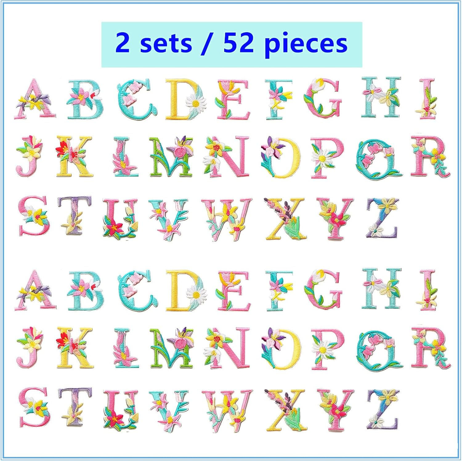 Iron on Letter Patches, 2 Sets (52 Pieces) A-Z Flower Embroidery Alphabet Patches for Clothing Backpacks Hats Shirts - Flower Letters image number 3