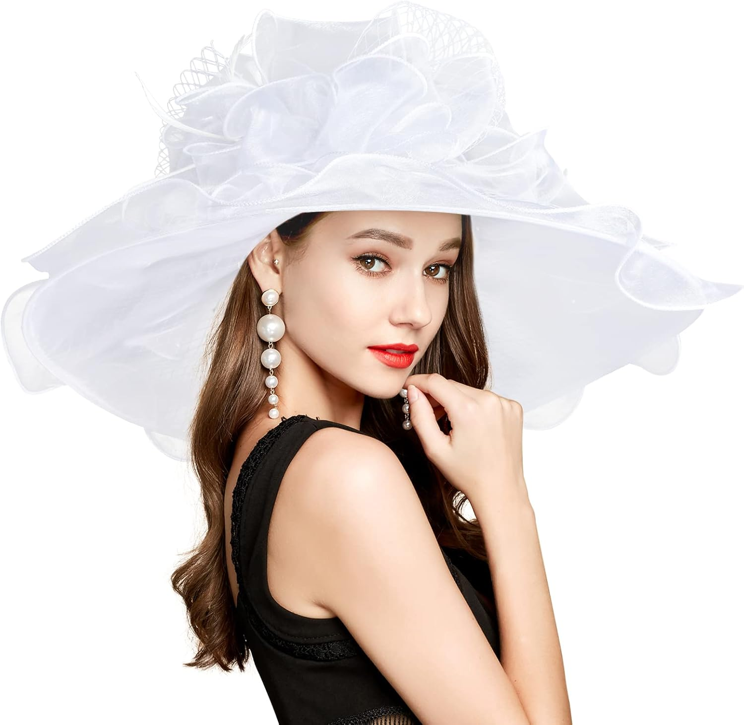 2025 Wide Brim Floral Sun Hat Church Hats for Women Ladies, Organza Feather Racecourse Horse Race Day Fascinator Hats for Tea Party Wedding UV Protection image number 1