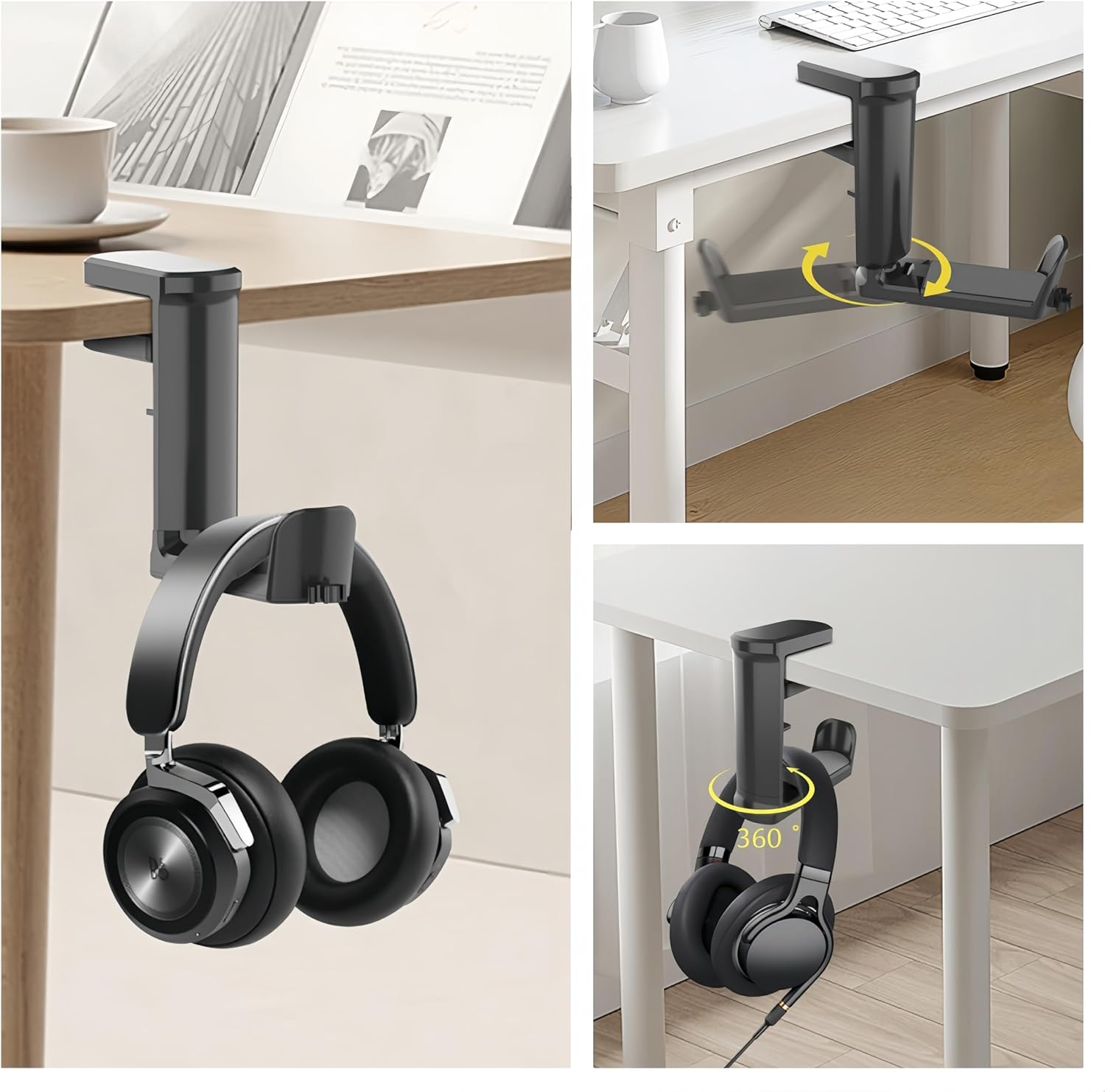 Ai-Oumleef PC Gaming Headset Hook Hanger Mount, Headphone Stand Holder under Desk, 360&deg; Rotating Arm Clamp, Built-In Cable Clip Organizer (Black) image number 2