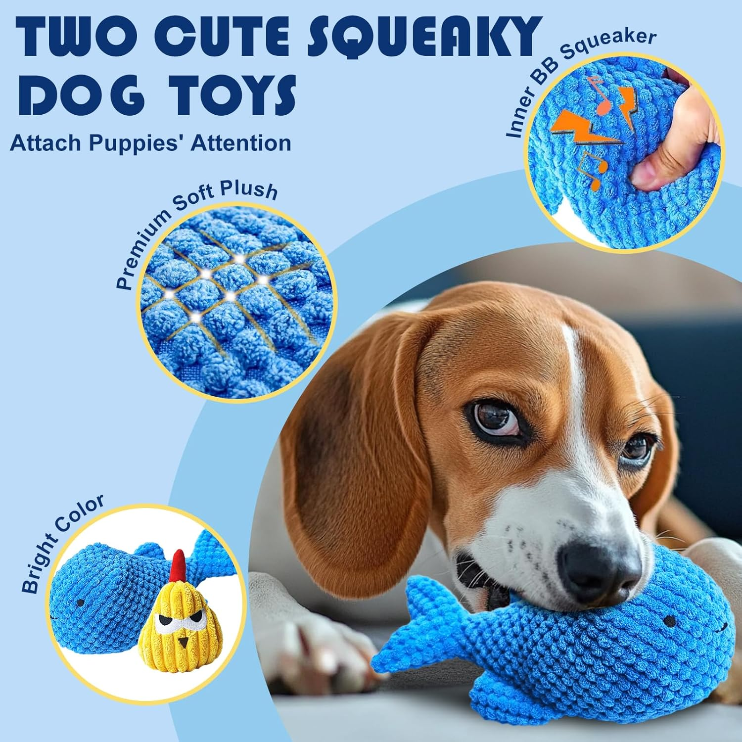 2PCS Dog Chew Toys for Puppy Teething Training, Interactive Squeaky Plush Toys for Small Dogs, Shark & Chicken Shapes for Dental Cleaning/Soothing Gums/Play Training image number 6