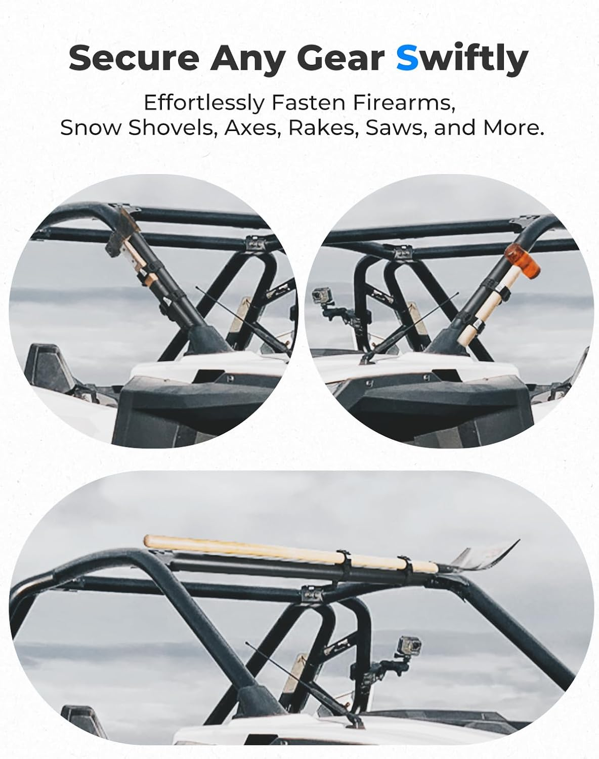 KEMIMOTO Set of 4 Shovel Clamp Straps for Roof Rack &ndash; Fits Tools with 1.5"-3.5" Diameter and Mounts on 0.85"-2.5" Roll Bars. Compatible with Maverick X3, Teryx, Talon ZFORCE 1000, and Polaris Ranger.