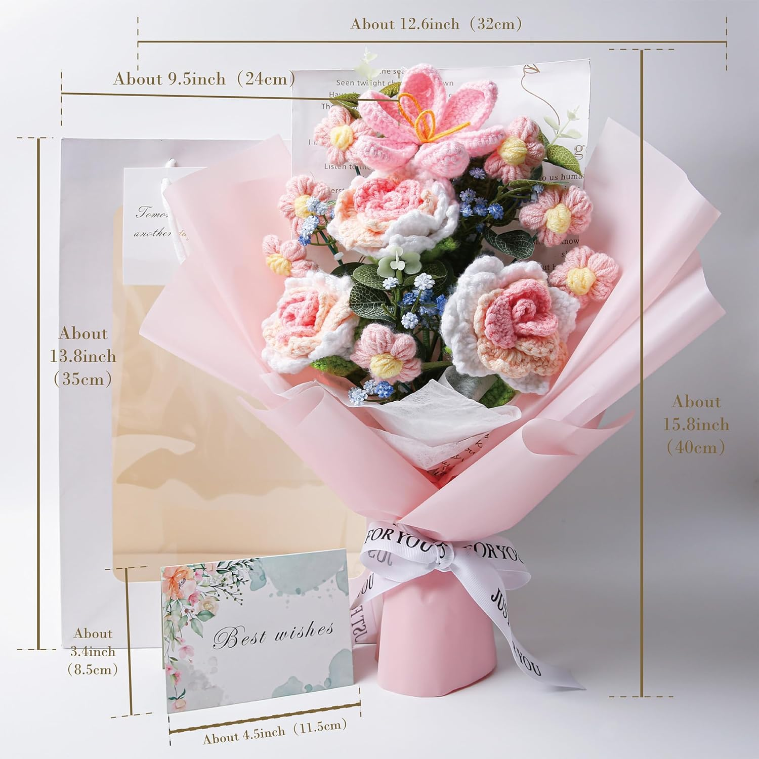 Ezsenses Crochet Flowers Bouquet - Hand Knitted Rose Crochet Flower Bouquet for Home Decor, Weddings, Birthdays, Mother'S Day - Includes Gift Bag and Greeting Card, Faux Crochet - Pink image number 6