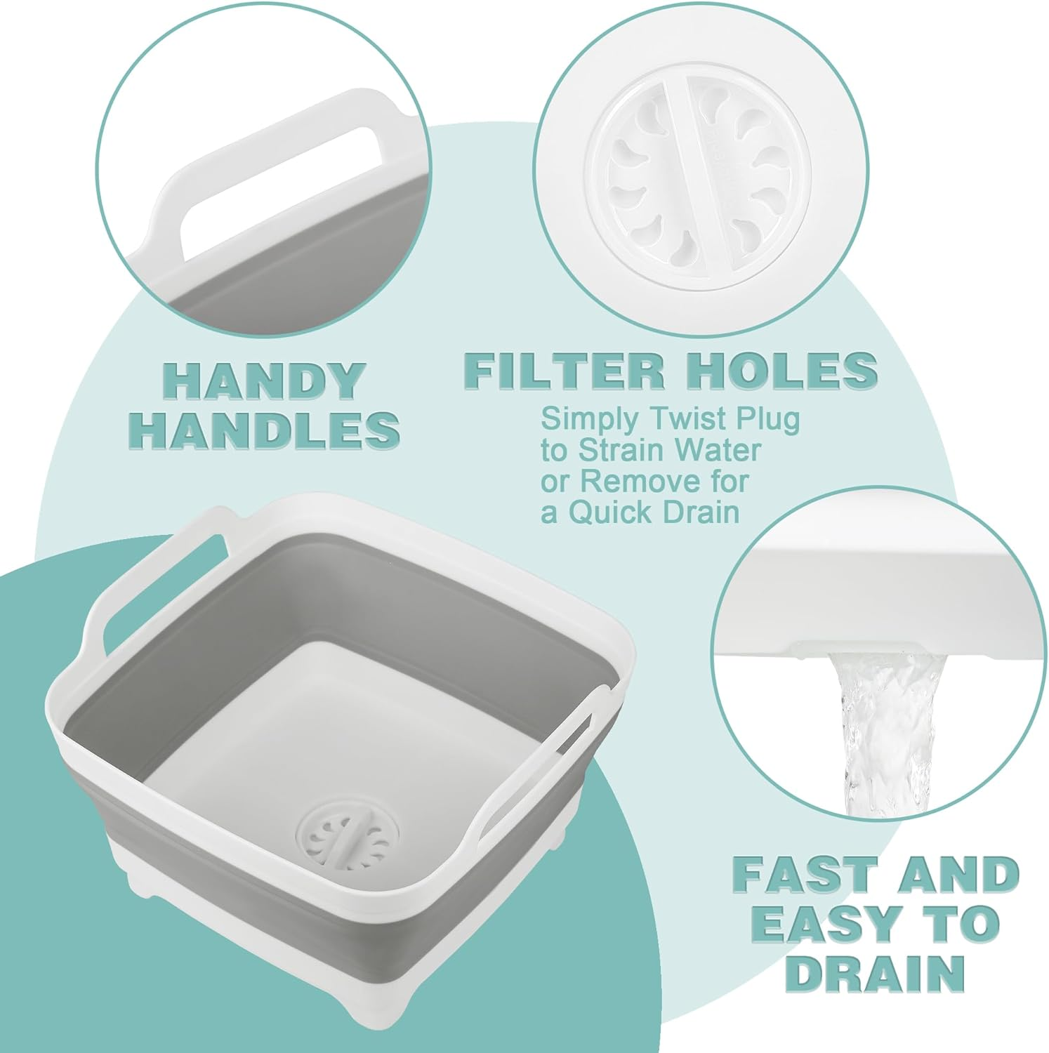 Tiawudi Dishpan for Washing Dishes, 2.4Gal/9L Wash Basin with Draining Plug Carry Handles, Collapsible Bucket for Cleaning, Portable Sink, Foldable Plastic Tub image number 4