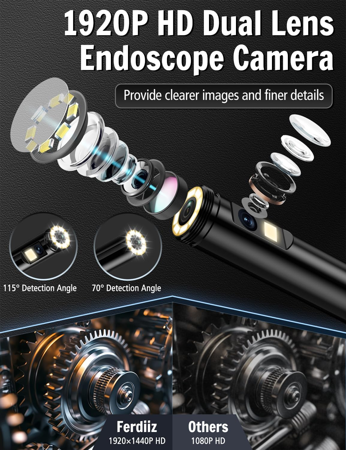Dual-Lens Endoscope Inspection Camera, 1920P HD Ferdiiz Borescope Camera, 16.4Ft Semi-Rigid Snake Cable, 8 Adjustable Leds, IP67 Waterproof Drain Pipe Endoscope Cool Gadgets Tool for Ios9+ Android 6+ image number 2