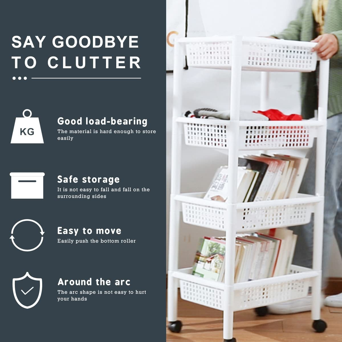 Okam Kitchen Basket Trolley with Wheels, 4 Tier Home Organiser Cart, Multi-Purpose Space Saver Plastic Utility Rack for Kitchen and Pantry Storage image number 3