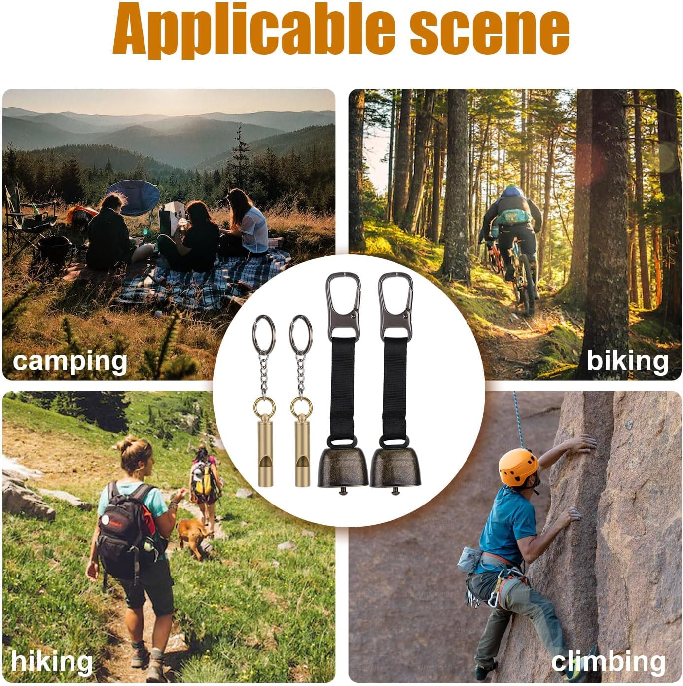 2 Pair Bear Bell and Whistle, Loud Bear Bell Emergency Whistle Bear Bells Carabiner for Hiking Camping Outdoor Fishing Climbing Mountain Bike Survival Travel image number 4