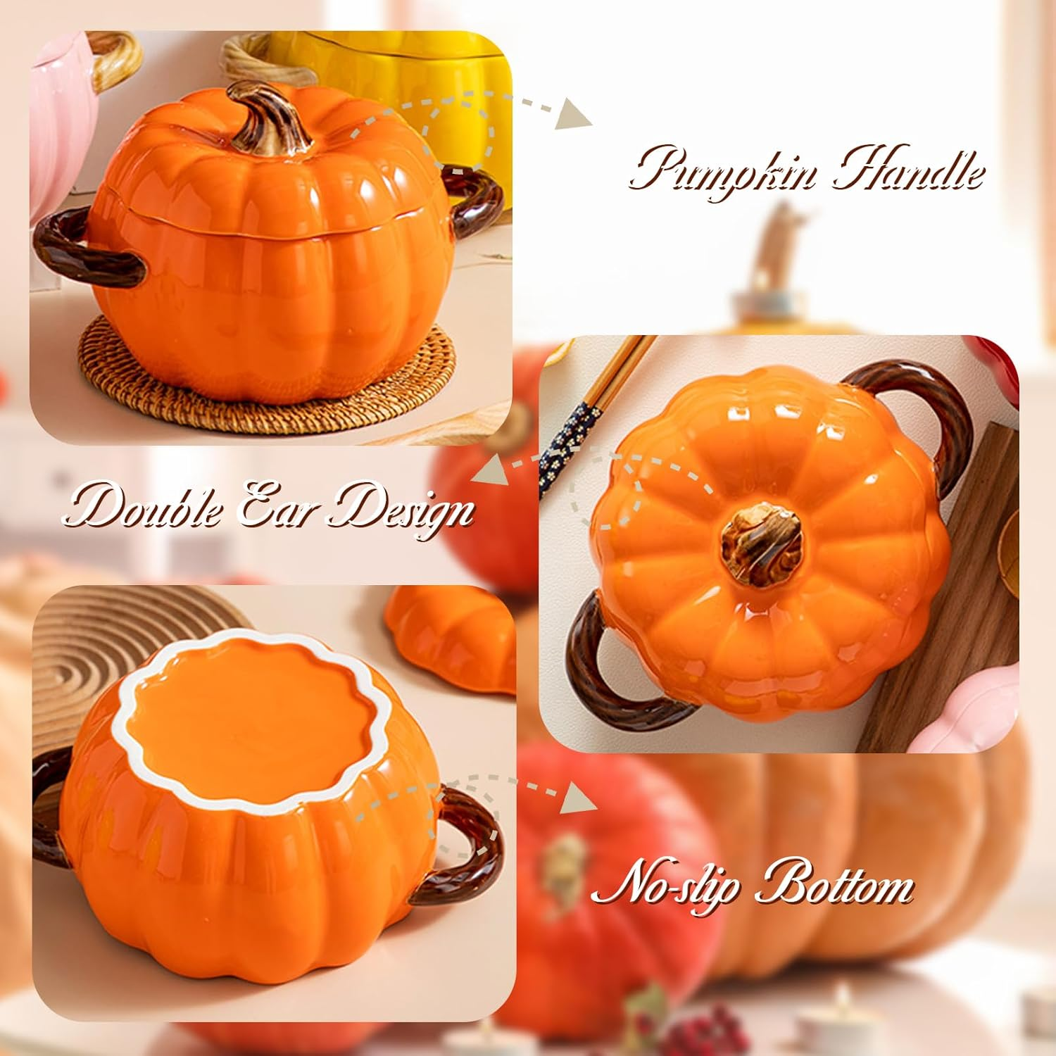 Soup Pot with Lid, 51 Ounce Pottery Dutch Oven, Mini Baking Dish Cute Pumpkin Pot, Ceramic Dessert Saucepan, Double Ear Pumpkin Cookware for Home Thanksgiving Halloween Party (Orange) - Orange image number 3