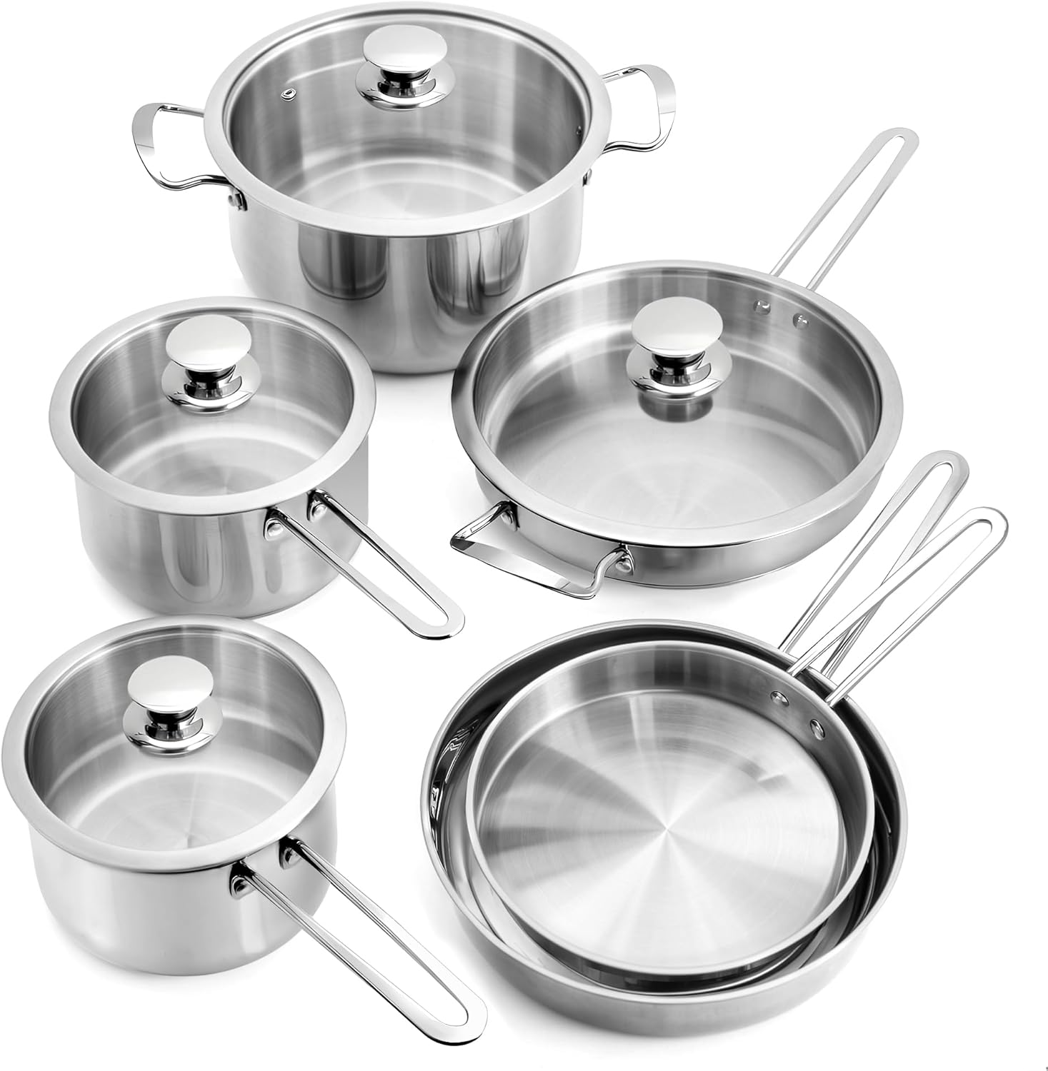 ASKSCICI 10-Piece Stainless Steel Cookware Set: Premium Kitchen Pots and Pans Set with Ergonomic Handles, Induction Compatible - Includes Saucepans, Skillets, Dutch Oven, Stockpot, Steamer, and More