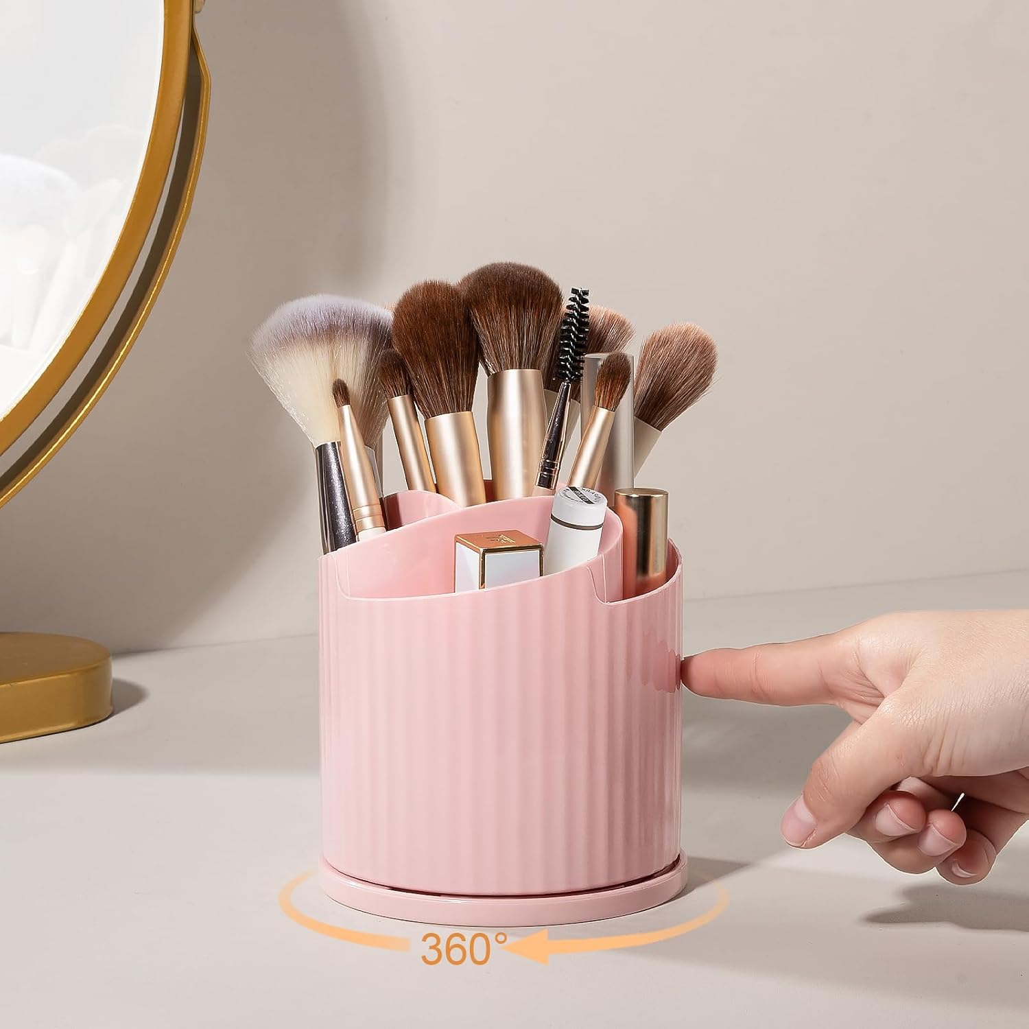 Anyoifax 360 Rotating Makeup Brush Holder Organizer 5 Slots Make up Brushes Cup Flower-Shaped Spinning Pen Holder for Vanity, Cosmetics, Lipsticks, Pink - Pink image number 3