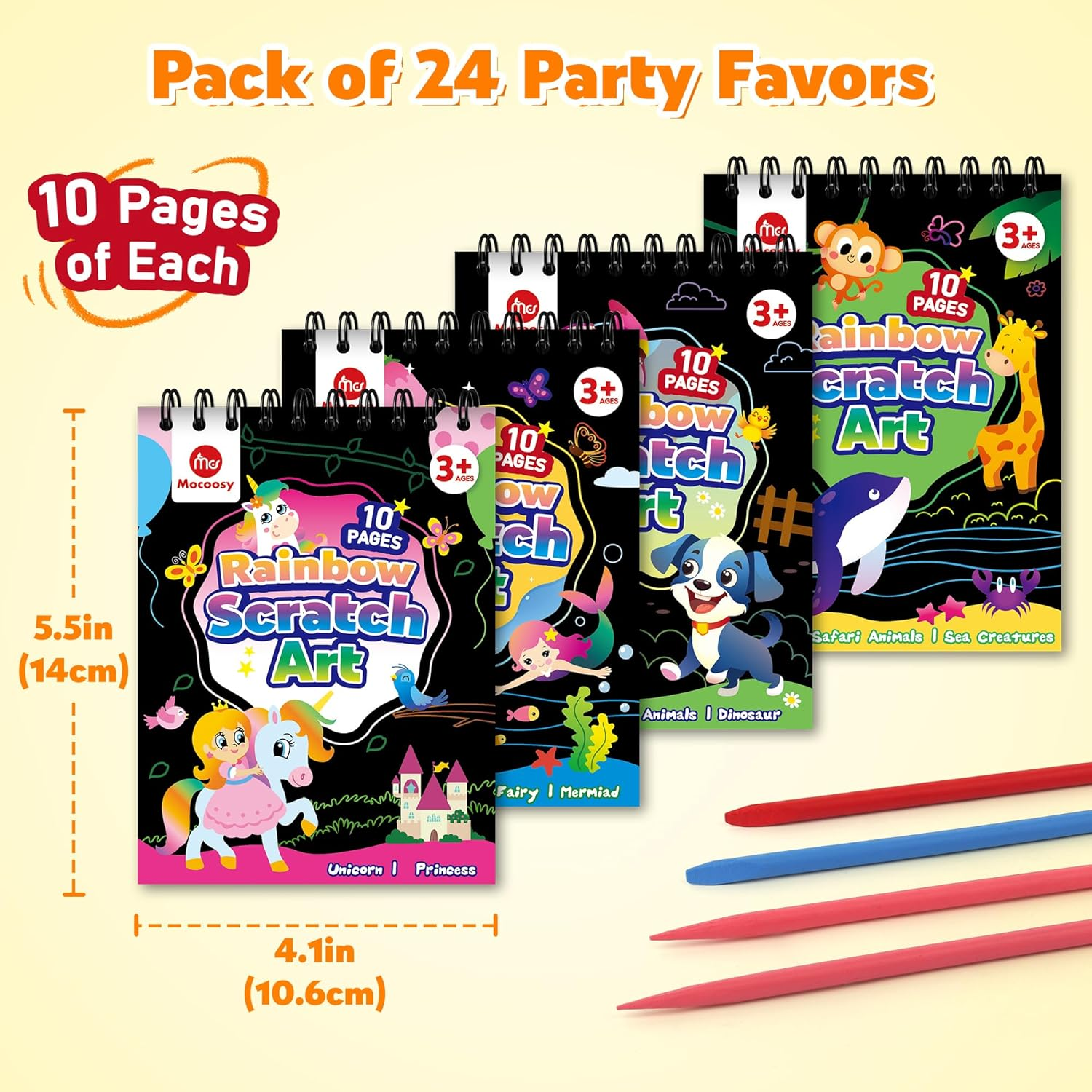 Mocoosy 24 Pack Party Favors for Kids 4-8-12, Goodie Bag Stuffers Bulk Art Craft Supplies, Rainbow Scratch Art Notebook for Boys Girls Birthday Return Gifts Classroom Rewards Students Prize Box Toys