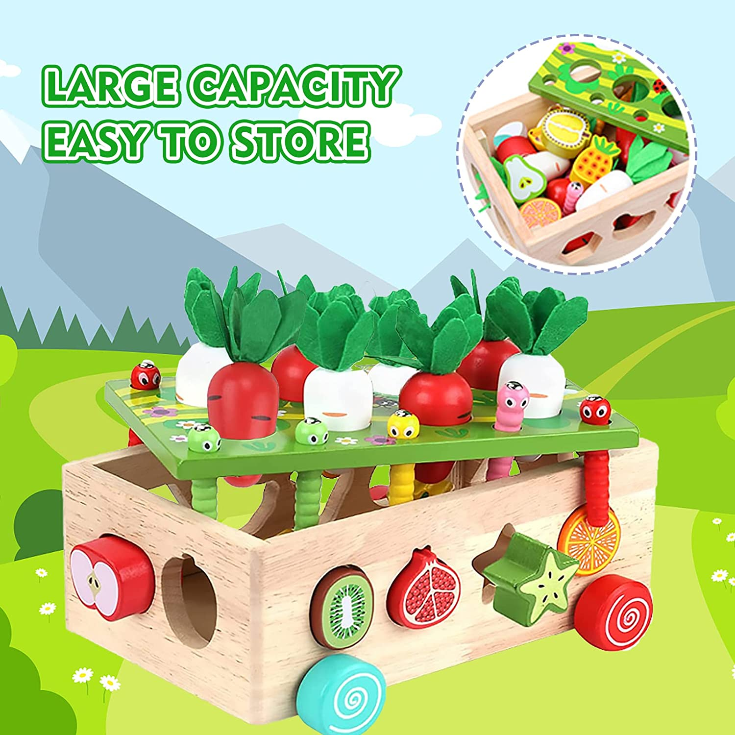 Montessori Toys for Toddler 1-3, Baby Wooden Educational Toy for 1 2 Year Old Boy Girl Gift, Farm Theme with Rabbit, 12 Fruit Blocks, 8 Carrots, 10 Worms & Shape Matching Sorting Car image number 4
