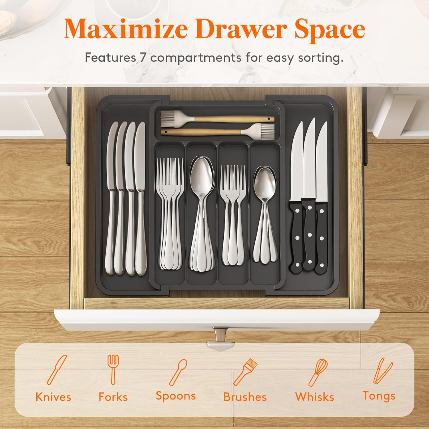 Lifewit Cutlery Drawer Organiser, Expandable BPA Free Cutlery Tray for Kitchen, Adjustable Utensil Holder for Home Storage, Plastic Kitchen Storage and Organisation for Spoons Forks Knives, Black - Black image number 6
