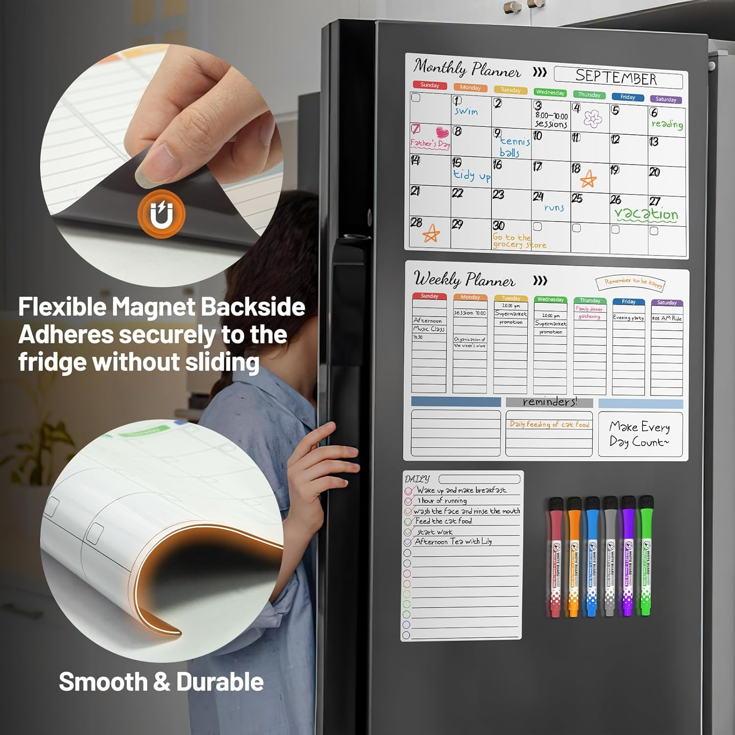 3Pack Dry Erase Magnetic Calendar for Refrigerator 16.5"X11.8"-Monthly,Weekly,Daily Planning Board,With 6 Markers,Pen Holder and Towel for Family Schedules, Menus, Shopping, To-Do Lists image number 5