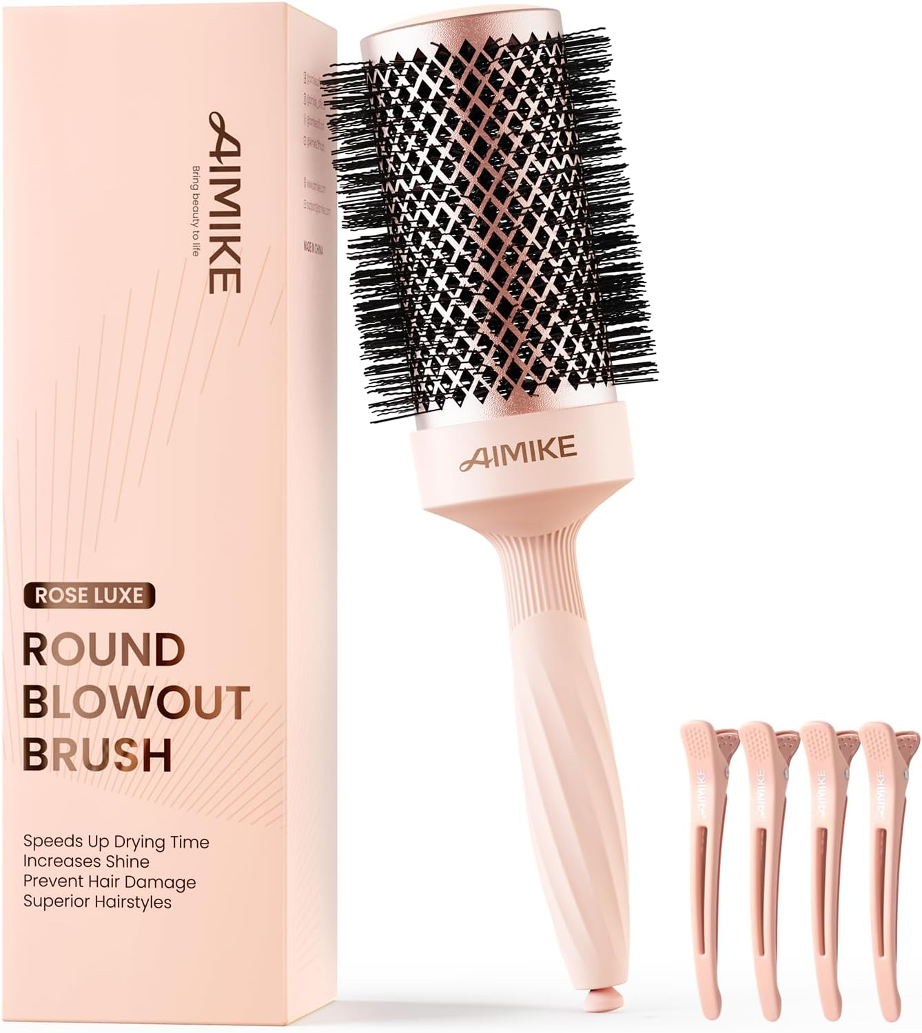 AIMIKE Rose Luxe round Brush - Nano Thermal Ceramic Tech, 53 Mm/ 2.1 Inch Barrel Brush with 4 Clips, Ideal for Blow Drying, Curling, Styling and Shine