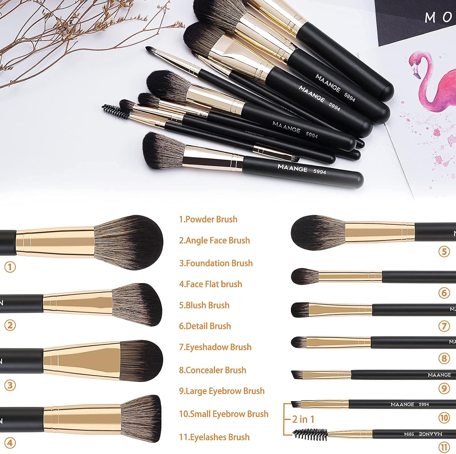 Makeup Brushes,Maange 10 Pcs Travel Professional Makeup Brushes Set with Case,Foundation Kabuki Blush Eyeshadow Make up Brush with Makeup Sponge and Brush Cleaner(Blackgold) image number 5