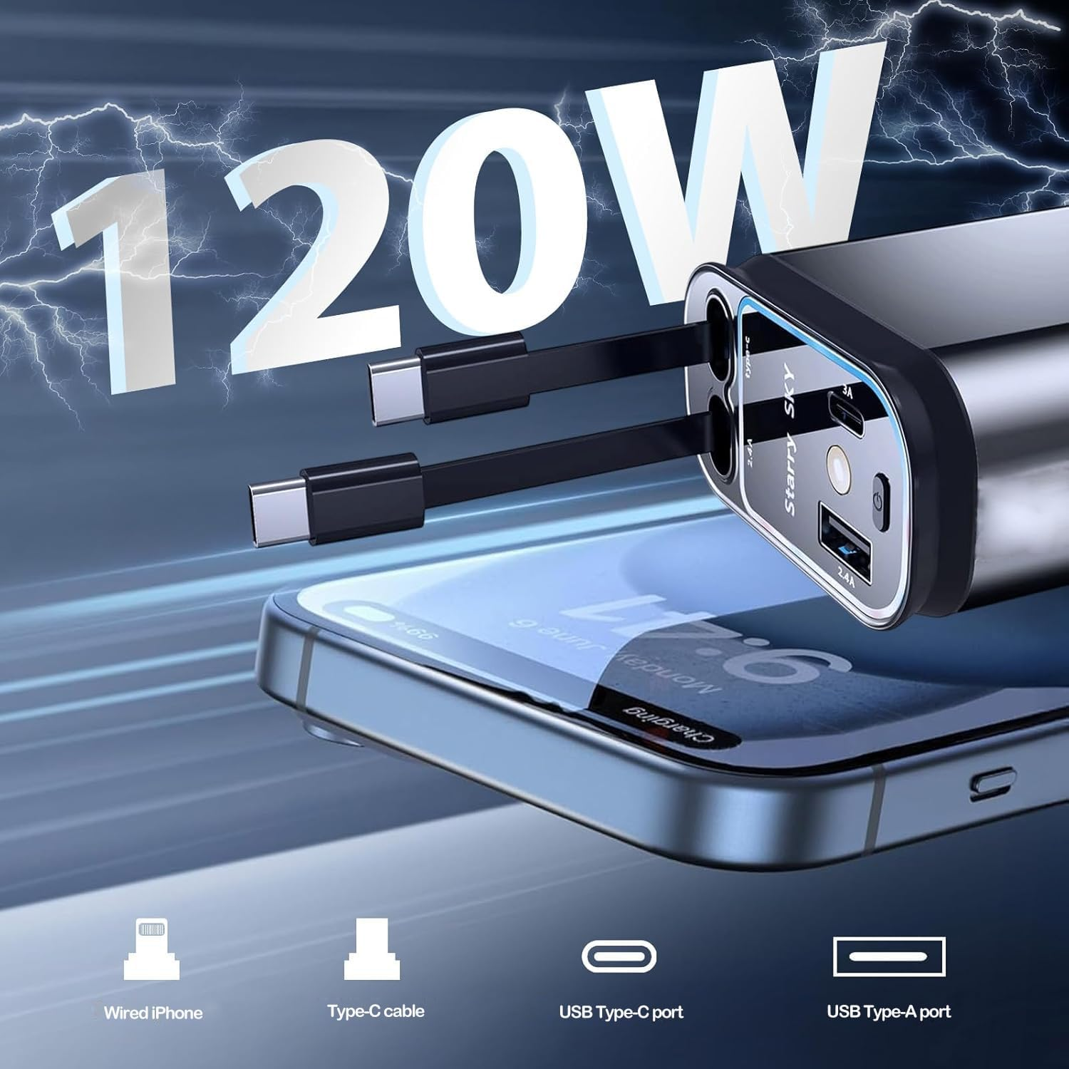 BFIRDEBTS 4-In-1 Retractable Car Charger,120W USB-C/USB-A with PD & Qc3.0 Fast Charging,Starlight Ledlight-Compatible with Phones,Tablets In-Car Use &Travel image number 2