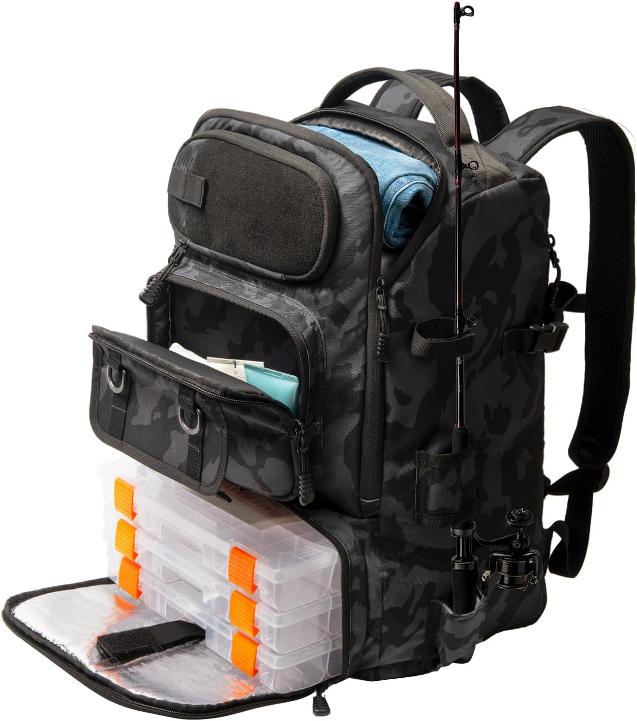 Fishing Backpack with Rod Holder, 40L Fishing Tackle Backpack with Cooler, Large Water-Resistant Fishing Tackle Bag Store Fishing Gear