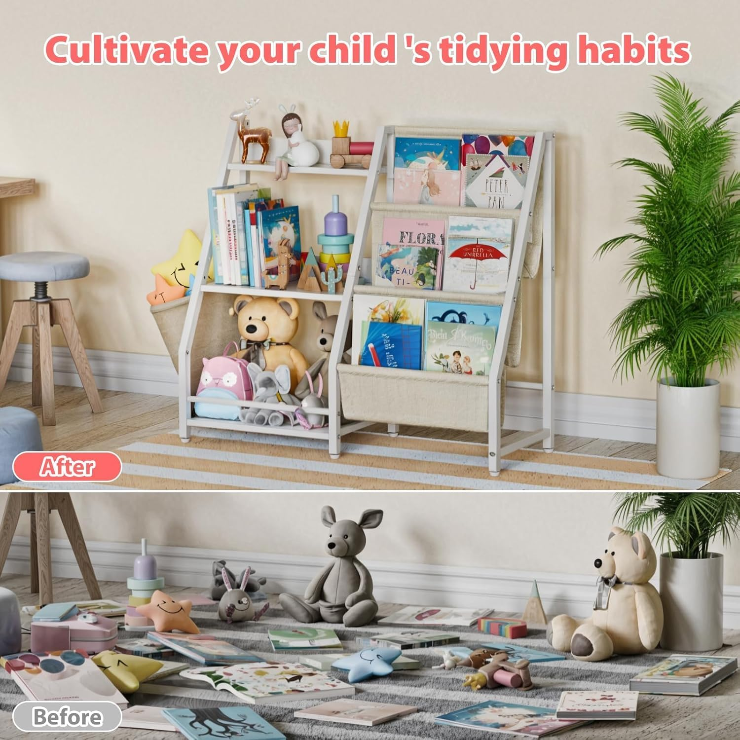 Kids Bookshelf & Toy Organizer, 85Cm Wide 3-Tier Montessori Storage System with Book Sling and Toy Storage Organizer (White) image number 6