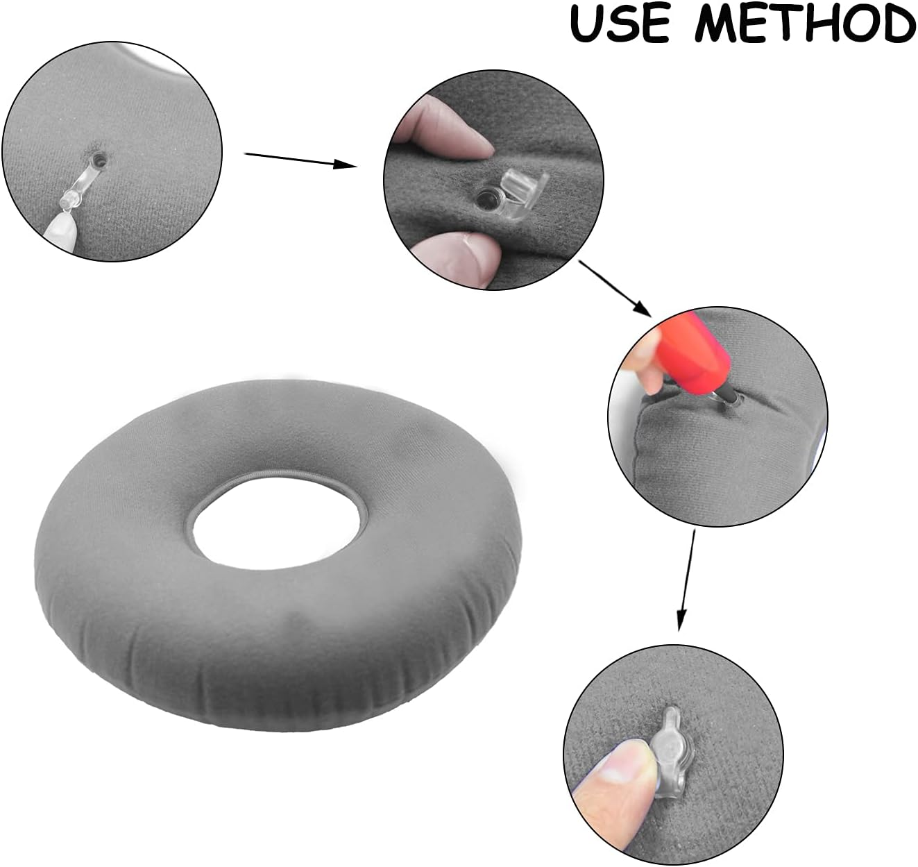 Grey Inflatable Hemorrhoid Pillow Tailbone Pain Cushion, Pillow Flocked Fabric Air Pillow for the Home, Office,Hiking,Camping,Traveling,Napping,Desk Rest,Neck & Lumbar Support - Grey image number 5