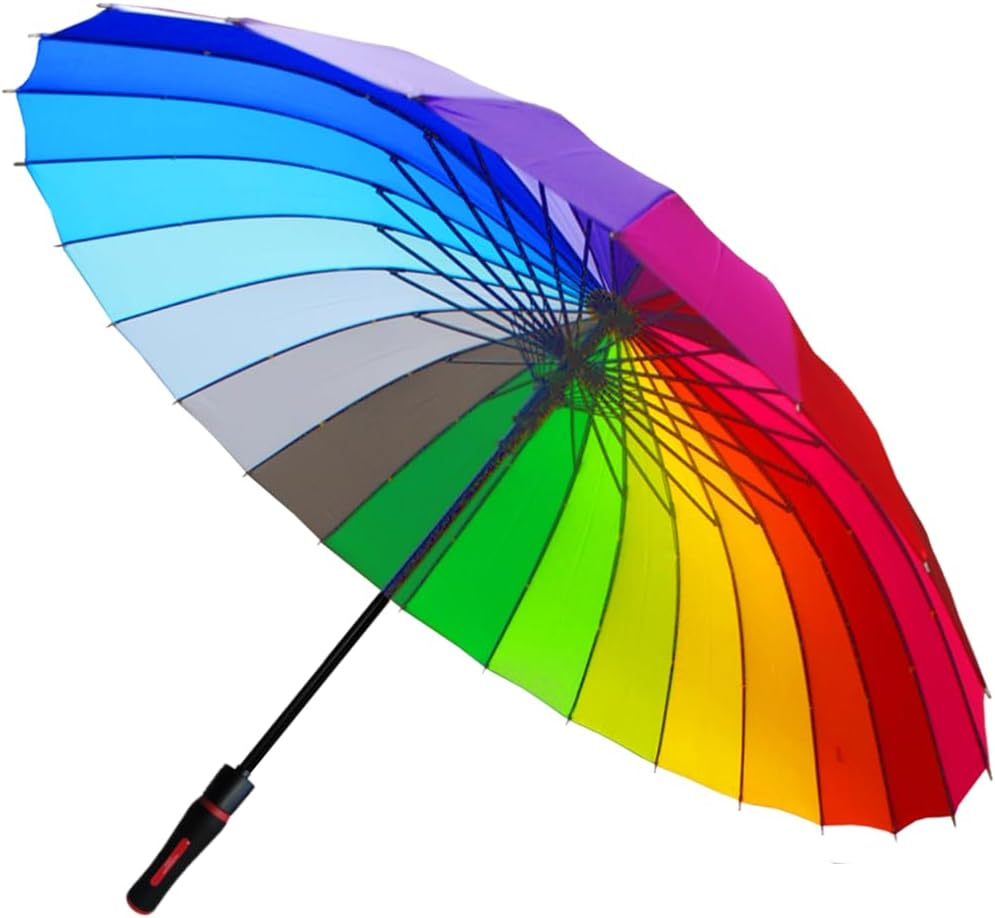 60MPH Windproof 24 Rib Large Strong Rainbow Umbrella - XL Automatic Heavy Duty Golf Umbrella for Rain and Wind - 3 Layer Frame - Choice of 2 Handles - Best for Most Ribs