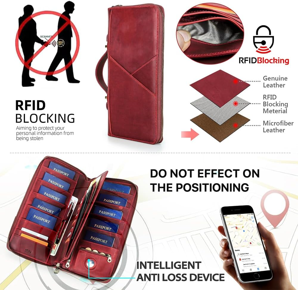 CONTACTS Family Passport Holder for 10 Full Grain Leather Airtag Passport Holder for Family Travel Document Organizer Multiple Passport Wallet with Rfid Blocking (Red) image number 6