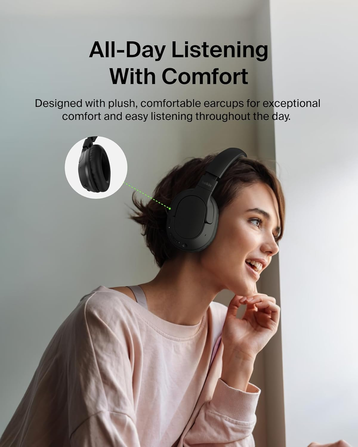 Belkin Soundform Surround Bluetooth Over-Ear Headphones - Environmental Noise Cancelling Headphones - Wireless W/ 60H Playtime & Soft Ear Cups for Iphone, Galaxy, Ipad, Travel, Home or Office - Black - Blue image number 6