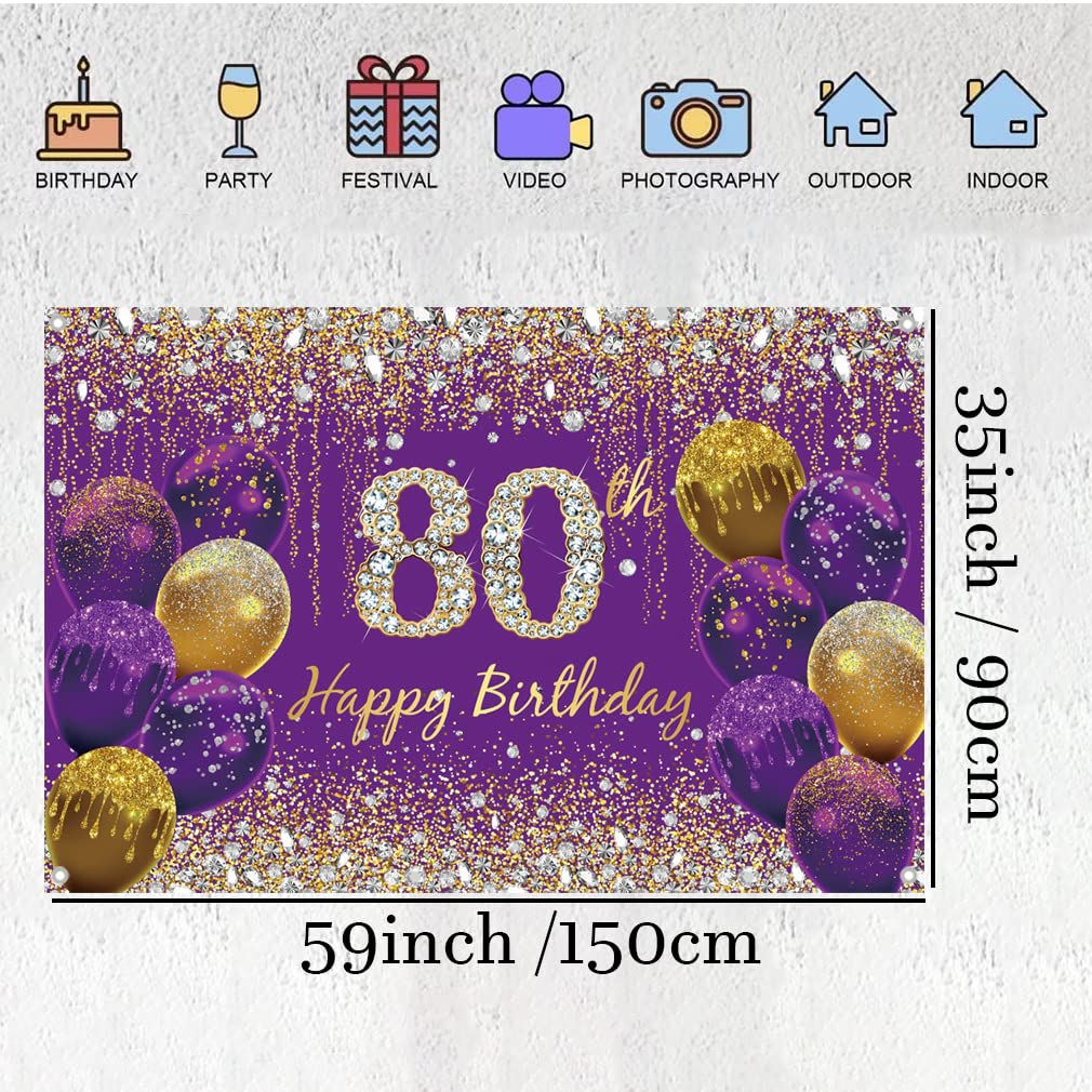 80Th Birthday Decoration for Women, Glitter Purple Fabric Sign Poster 80Th Birthday Party Decoration Background Banner Woman, 59"X35.4" image number 2