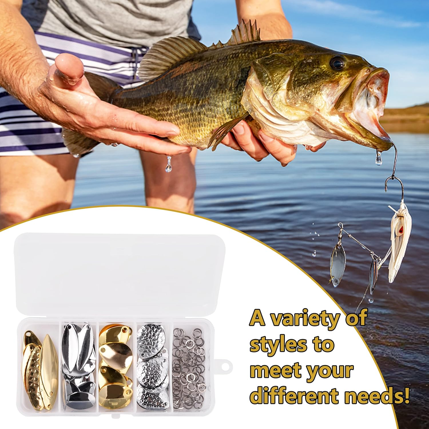 OROOTL Fishing Spinner Blades Split Rings Kit, 100Pcs Colorado Willow Blades Lure Rings Set Gold Silver Spoon Easy Spin Spinner Bait Making Freshwater Saltwater Walleye Rig Inline DIY Accessories