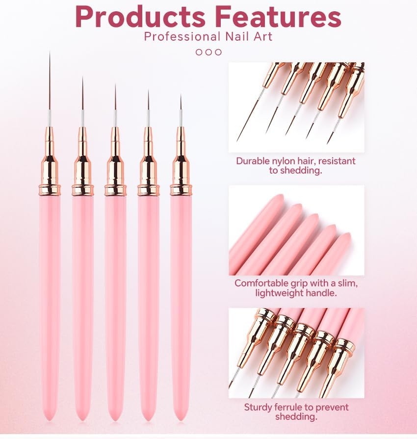 Rolabling 5PCS Nail Art Brushes for Gel Polish Metal Handle Detailing Brush Set (7/9/12/15/25Mm) Ultra Thin Liner Dotting & Striping Brushes for Nail Design, Manicure Tools for Salon & Home Use image number 3