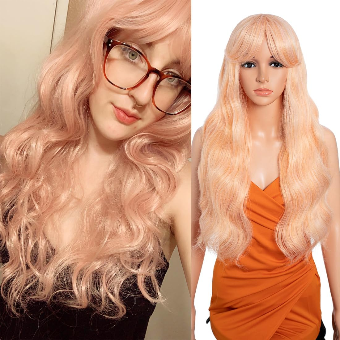 26 Inch Long Wavy Wigs for Women, Black Wigs with Bangs, Ombre Brown with Dark Roots, Long Layered Wig, Heat Resistant Synthetic Wig, Natural Looking for Daily Party Use (TFC22) image number 1