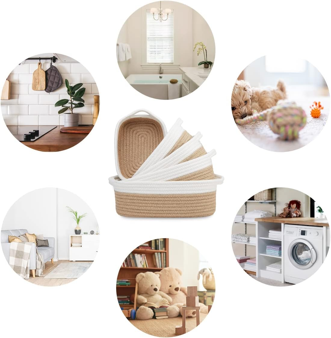 5-Piece Rectangle Storage Basket Set, Cotton Rope Woven Baskets Bins with Handles for Montessori, Baby Nursery, Dog Toy Baskets, Cat Toy Box, Bathroom Organization Bin (Rectangle, Brown) image number 6