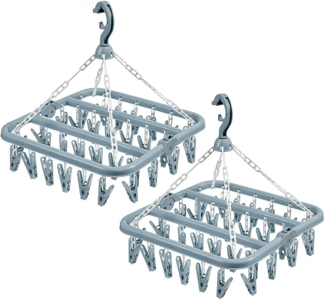 Idopick 2 Pack Clothes Hanger Drying Rack with 32 Clips, Plastic Clothes Drying Hanger and Drip Foldable Hanging Rack Windproof Pegs Hook for Drying/Socks/Underwear/Clothes/Towels (Pink)