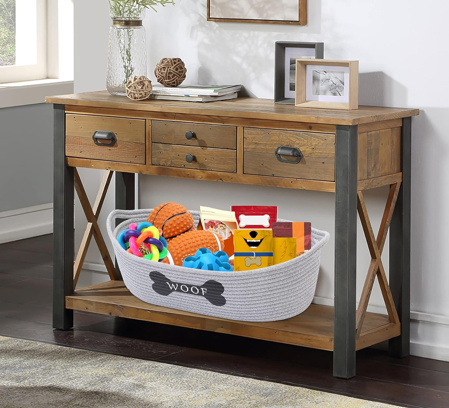 Cotton Rope Dog Toy Box with Handle, Pet Toy Basket(Grey), Puppies Bed, Toy Dog Storage - Perfect for Organizing Puppy Small Dogs Toys, Treats, Blankets, Leashes, Coats - Grey image number 2