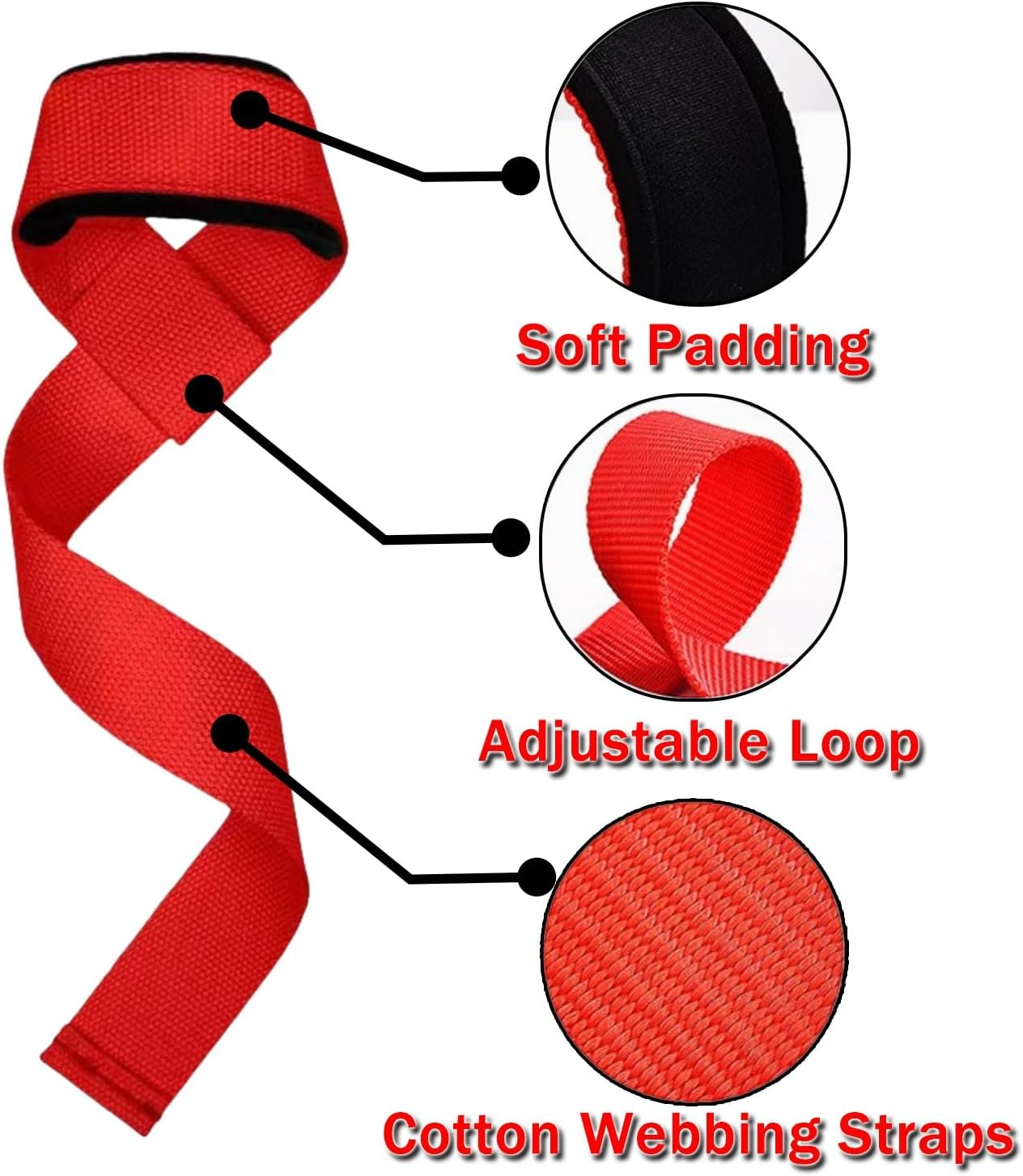 Figure 8 Lifting Straps for Deadlifts & Powerlifting &ndash; Heavy Duty Cotton Wrist Wraps Strongman & Cross Training Grip Support Set of 2 Pairs (Red) image number 2