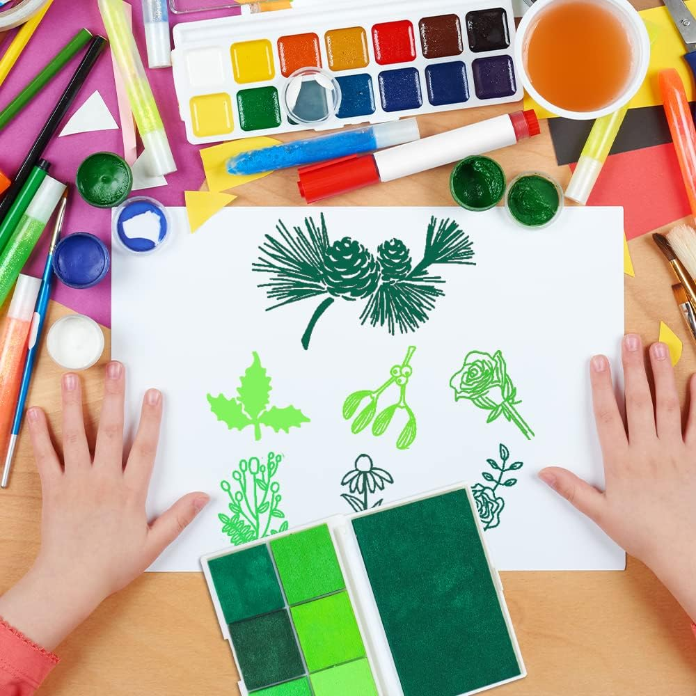 7 Colors Washable Ink Pad - Large & Small Sizes for Stamp, Finger, DIY Craft, Paper & Wood - Multi Colored Finger Ink Pad with Glitter (Green)